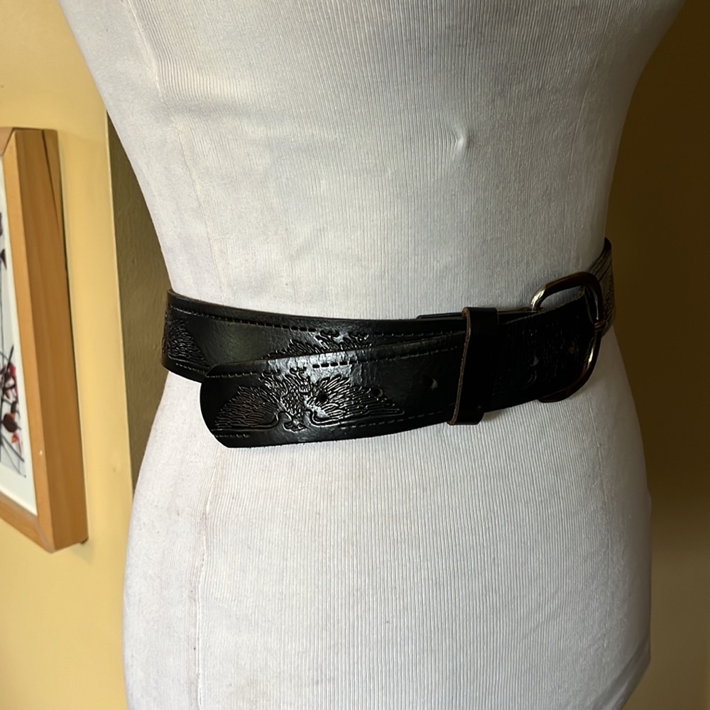 Vtg HARLEY DAVIDSON Size XL 42-44 Embossed Eagle Belt Black Thick Leather Silver - Picture 15 of 16